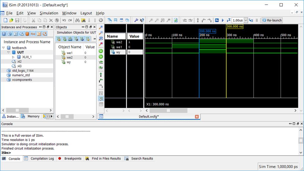 Rys. 6 Okno z przebiegami czasowymi symulatora ISim. Behavioral Model lub ISim Simulator Simulate Post-Fit Model, w zależności od wybranego typu symulacji (rozwijana lista wyboru na szczycie okna).