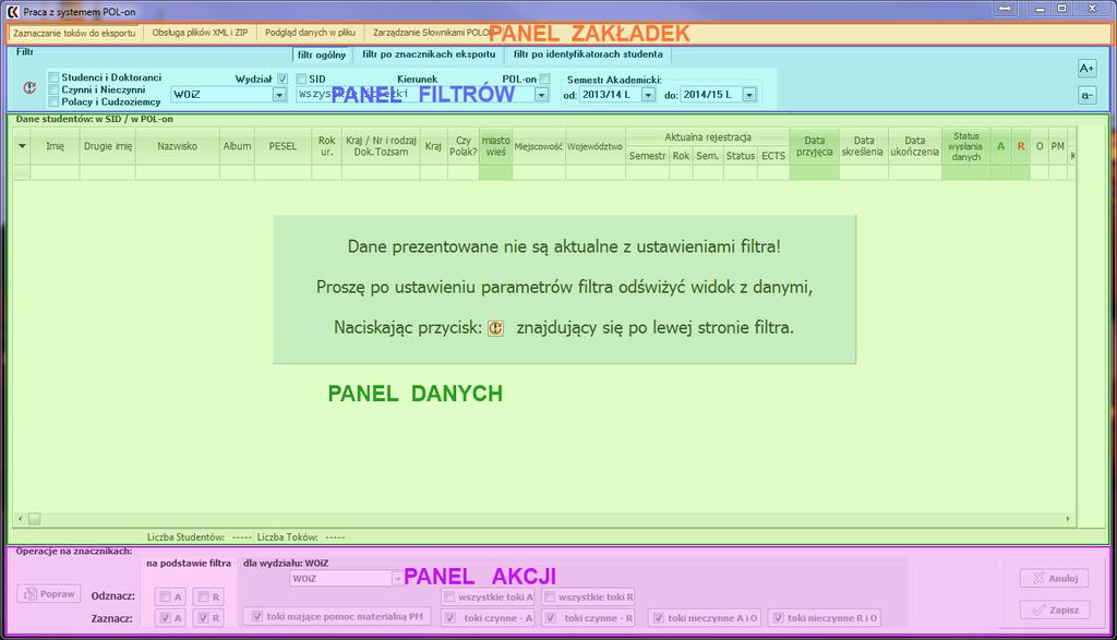 etapami pracy z systemem PO-on, Panel filtrów odpowiada za opcje filtrowania stosowane w wybranej zakładce, Panel danych