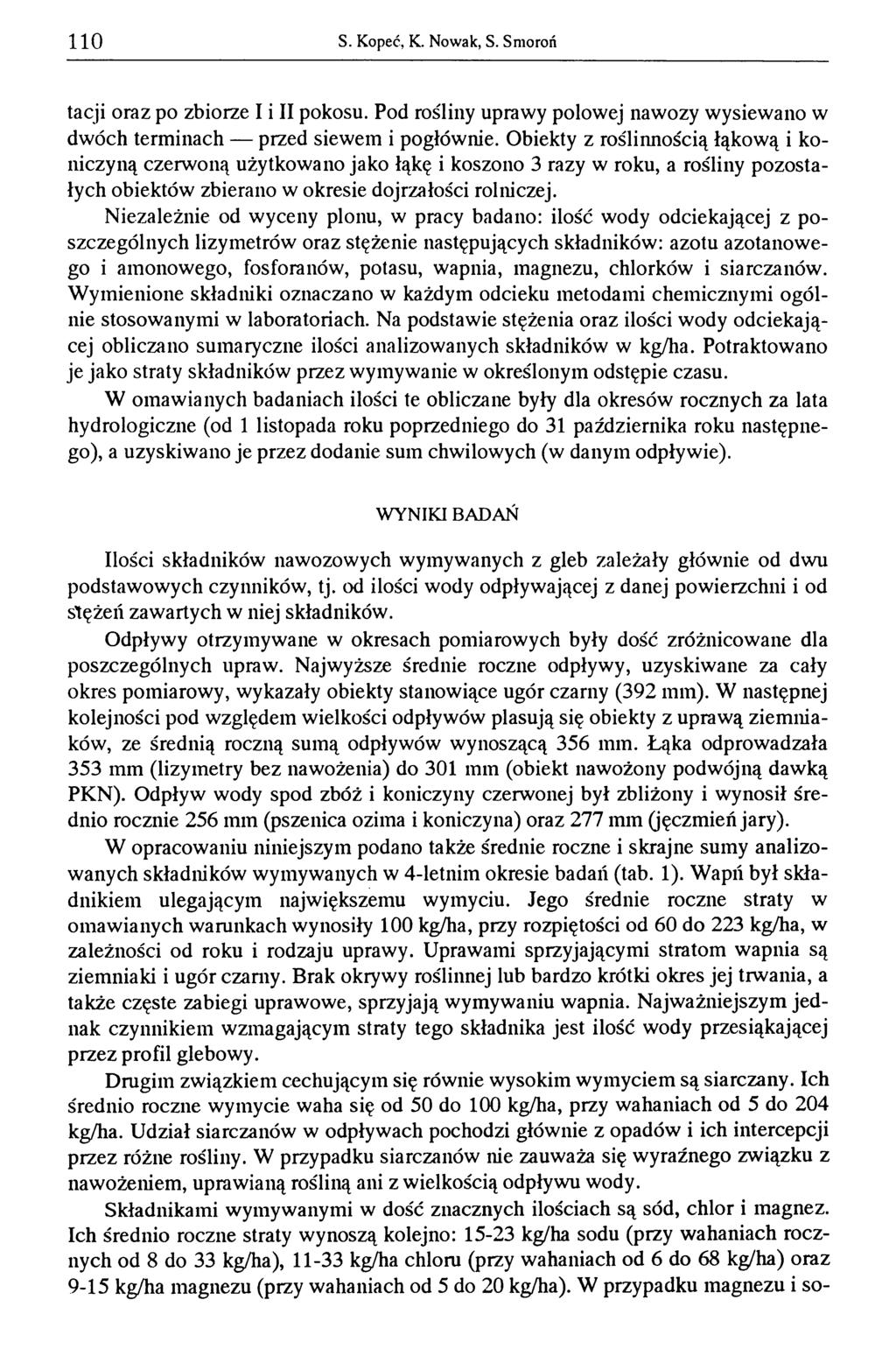 1 1 0 S. Kopeć, K. Nowak, S. Smoroń tacji oraz po zbiorze I i II pokosu. Pod rośliny uprawy polowej nawozy wysiewano w dwóch terminach przed siewem i pogłównie.