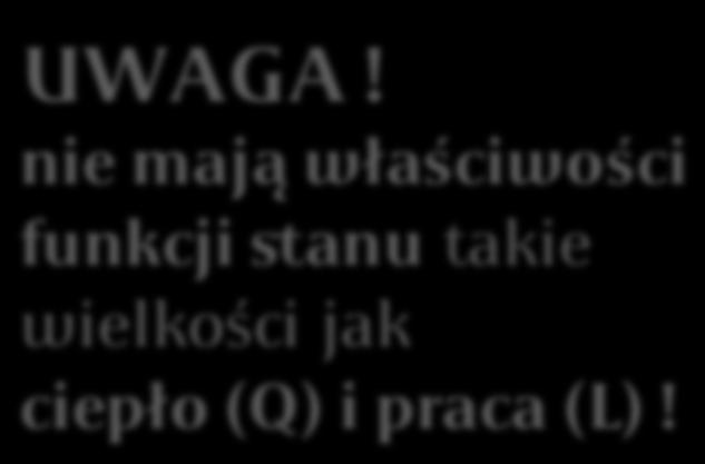 FUNKCJA STANU wa ość li bowa jest określona jednozna nie stanem termodynami nym układu, p yrost funkcji stanu w dowolnym procesie nie zależy od drogi procesu, a zależy tylko od po ątkowego i