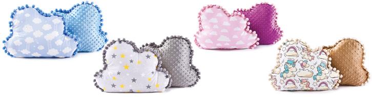 It is made of two types of fabrics: cotton and minky. The binding is a ribbon with pompoms. The filling is anti-allergic silicone balls.