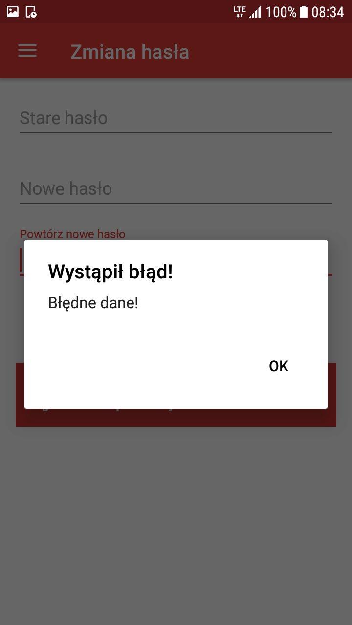 ZMIANA HASŁA W przypadku wprowadzenia starego hasła (błędnego) pojawi