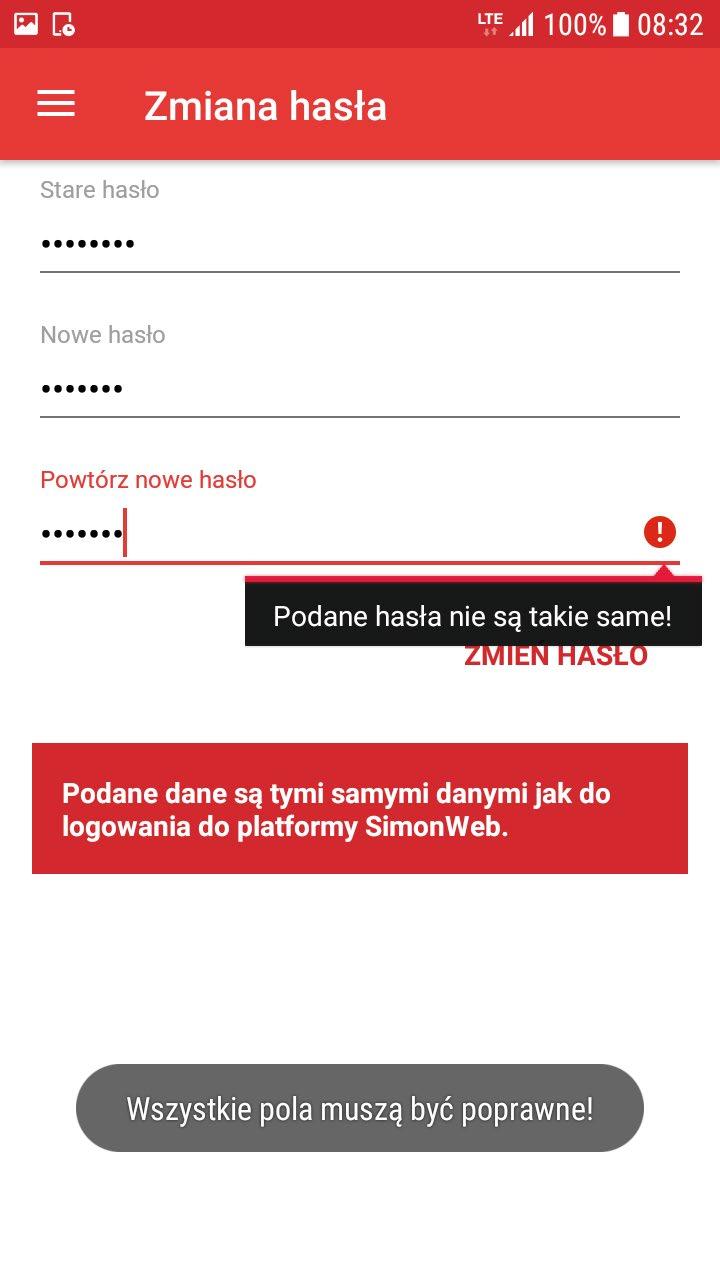 W przypadku niezgodności w nowym haśle, użytkownik zostanie