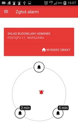 Zgłoszenia dokonuje się poprzez przeciągnięcie czerwonego dzwonka na ikonę wybranego alarmu i puszczenie palca. Po przesłaniu alarmu pojawi się komunikat informujący o tym fakcie.