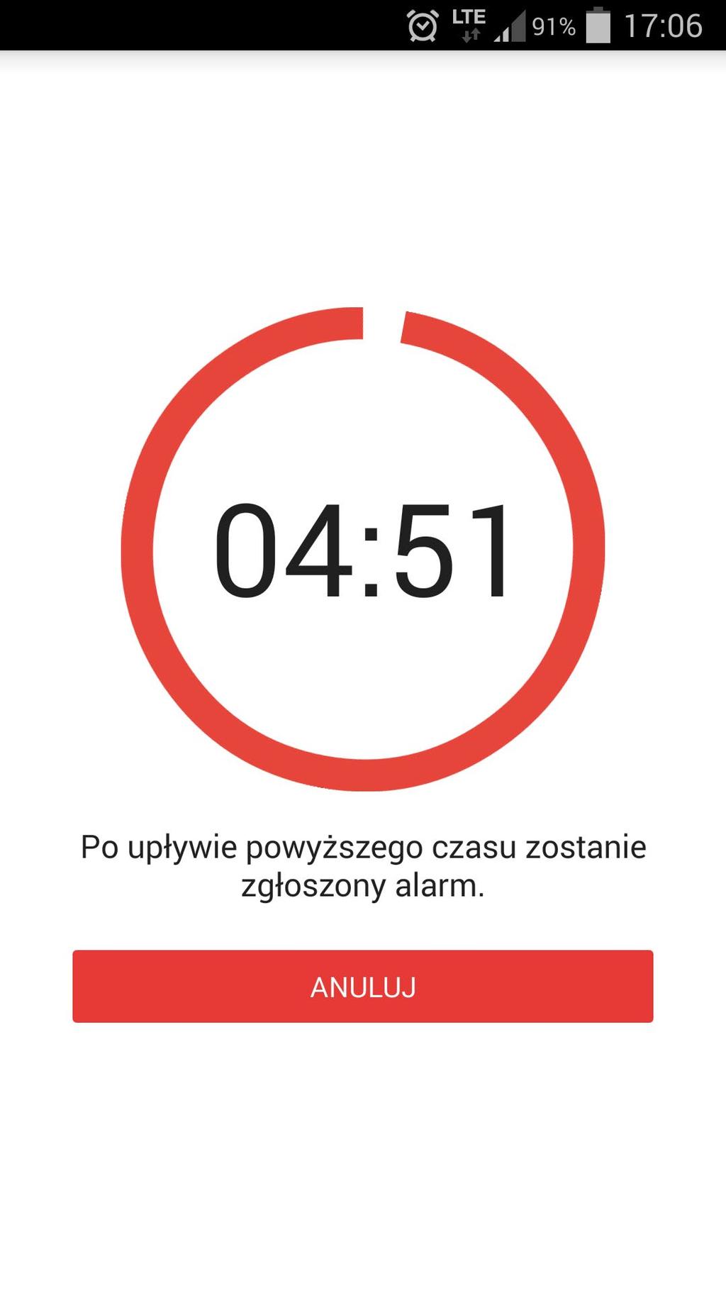 Alarm tego typu może zostać anulowany w trakcie odliczania. W zależności od ustawień aplikacji zgłoszenie i odwołanie alarmu może wymagać podania kodu PIN (menu: Ustawienia).