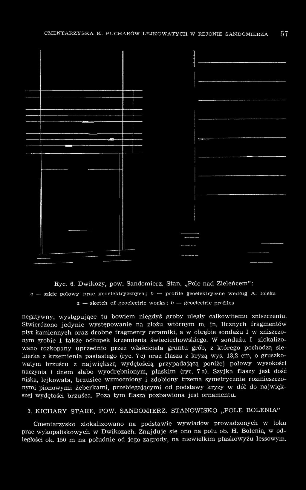 licznych fragmentów płyt kamiennych oraz drobne fragmenty ceramiki, a w obrębie sondażu I w zniszczonym grobie 1 także odłupek krzemienia świeciechowskiego.
