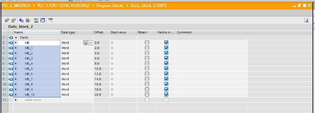 Rys.2. Zadeklarowane rejestry. 5. Po zadeklarowaniu obszaru pamięci należy dodać do niego odwołanie w polu MB_HOLD_REG bloku MB_SERVER.