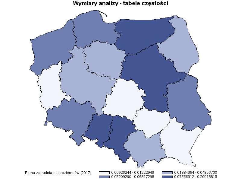 Imigranci na polskim rynku pracy skala zjawiska Średnia krajowa: 7,4% Średnia krajowa: 6,3% 2016 2017 Sektor 2016 2017 Rolnictwo (A) 7.74% 0.63% Przemysł (B, C, D) 11.1% 11.3% Budownictwo (F) 7.89% 5.