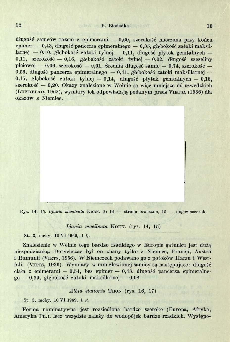 52 E. Biesiadka 10 długość samców razem z epim eram i 0,60, szerokość mierzona przy końcu epim er 0,43, długość pancerza epimeralnego 0,35, głębokość zatoki maksillarnej 0,10, głębokość zatoki tylnej