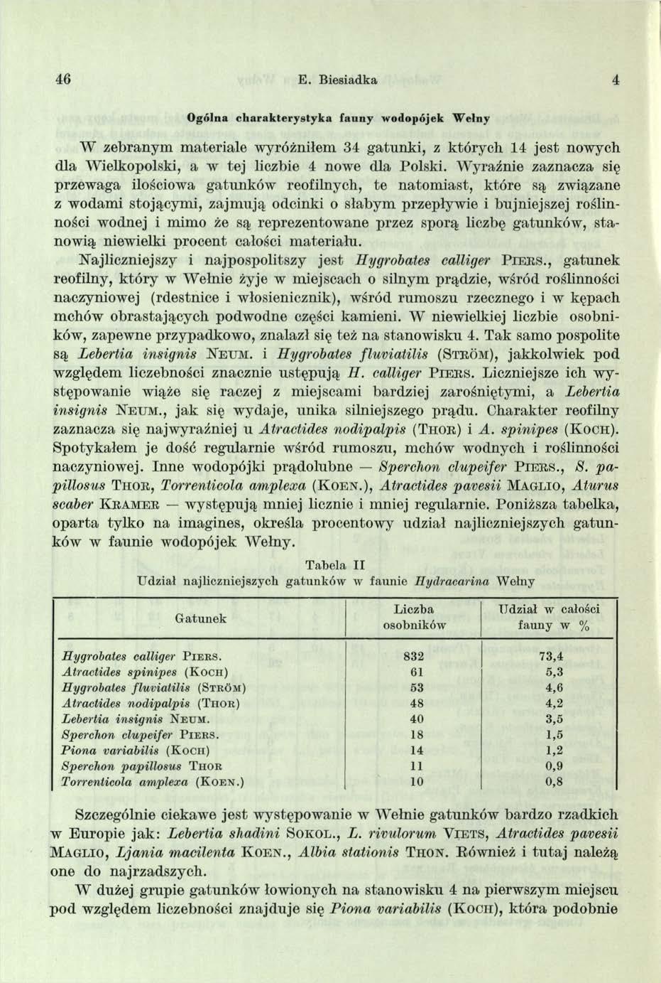 46 E. Biesiadka 4 O g ó ln a c h a r a k te ry s ty k a fa u n y w o d o p ó jek W ełn y W zebranym m ateriale wyróżniłem 34 gatunki, z których 14 jest nowych dla W ielkopolski, a w tej liczbie 4