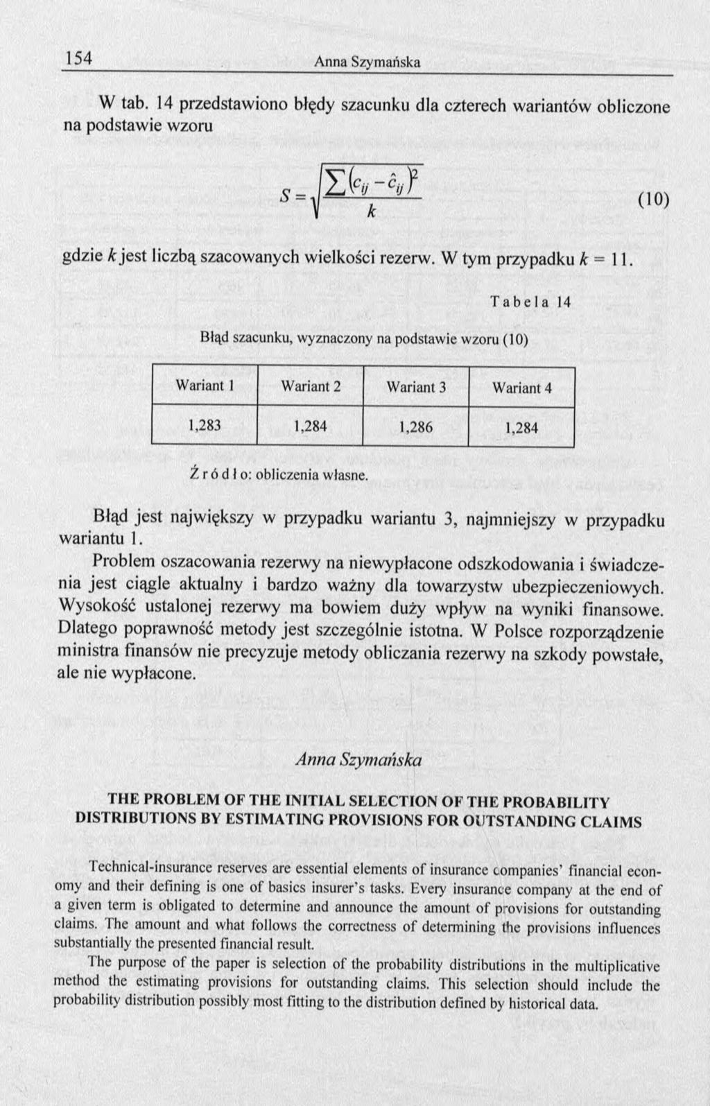 W tab. 14 przedstawiono błędy szacunku dla czterech wariantów obliczone na podstawie wzoru gdzie A' jest liczbą szacowanych wielkości rezerw. W tym przypadku к = 11.