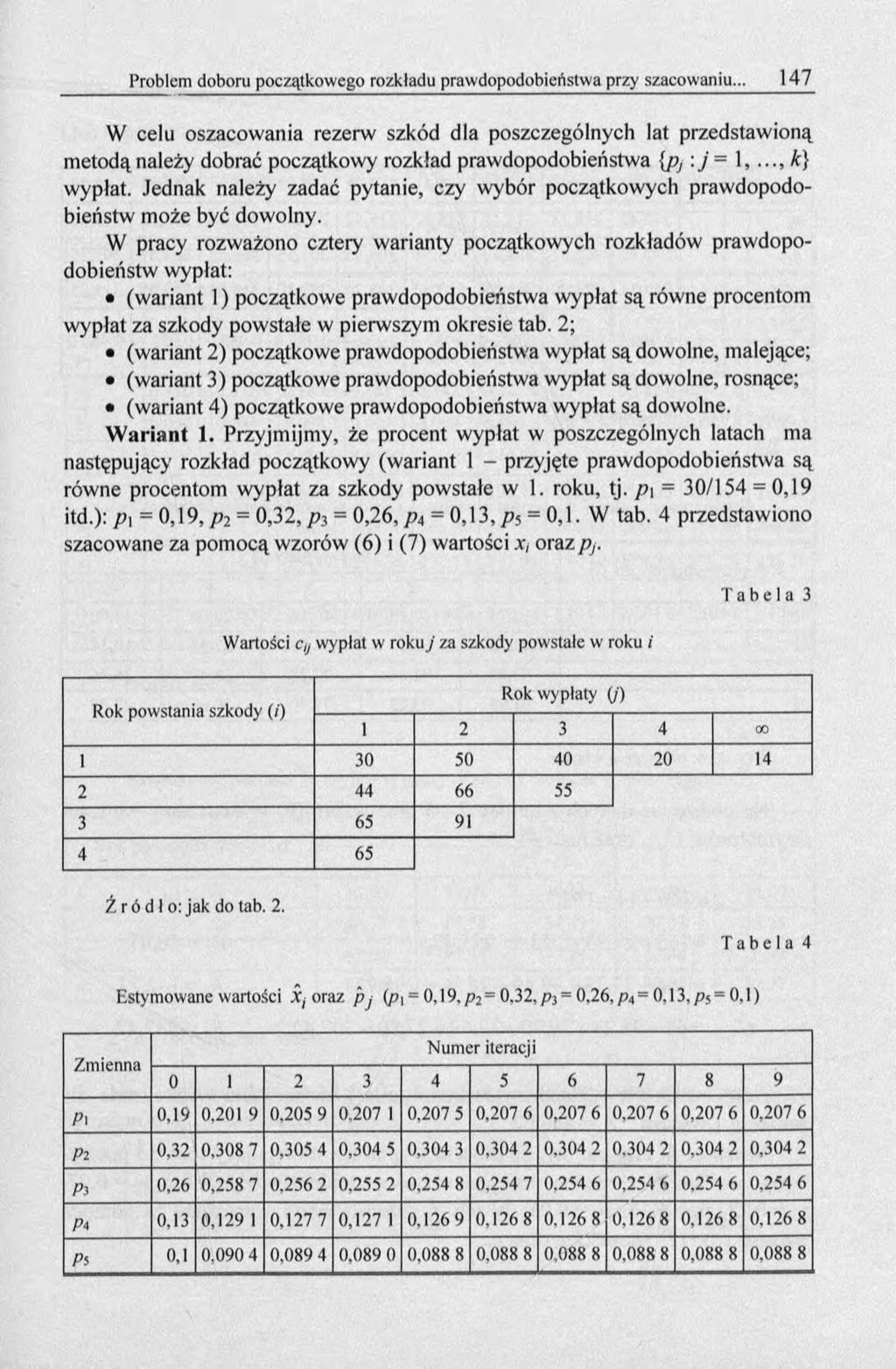 W celu oszacowania rezerw szkód dla poszczególnych lat przedstawioną metodą należy dobrać początkowy rozklad prawdopodobieństwa {pj :j = 1, k} wypłat.