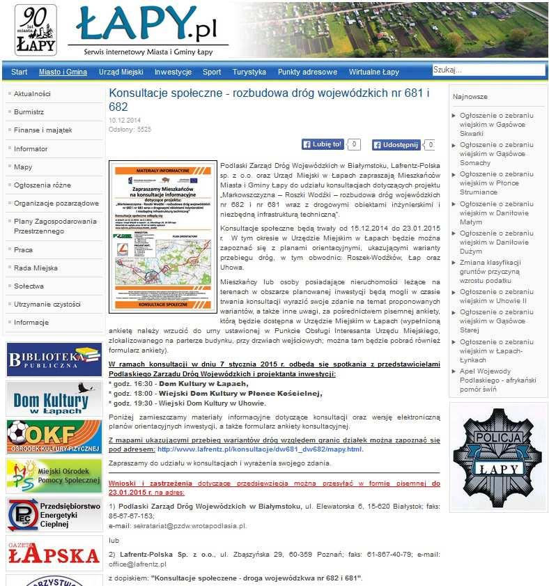 Opracowanie dokumentacji technicznej: Roszki Wodźki rozbudowa dróg wojewódzkich 4.2. Ogłoszenia internetowe Miejscowość http://www.lapy.
