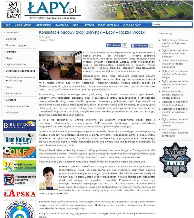 Opracowanie dokumentacji technicznej: Roszki Wodźki rozbudowa dróg wojewódzkich 6.3. Podsumowanie spotkań w Urzędzie Gminy http://www.lapy.podlasie.pl/index.