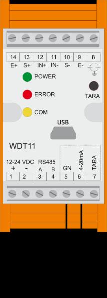 2.4 Wejście tarujące / przycisk tarujący WDT11 posiada wejście tarujące TARA, które taruje pomiar po podaniu na nie napięcia w zakresie 5..24VDC (względem GND) przez minimum 100ms.