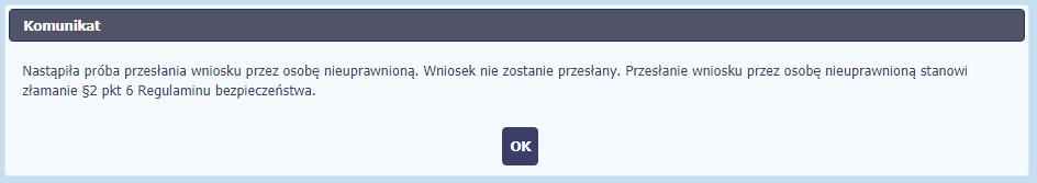 Skopiuj kod autoryzacyjny z otrzymanej wiadomości. Po wprowadzeniu właściwego kodu i potwierdzeniu przez funkcję OK, system zaprezentuje komunikat o podpisie wniosku i wysyłce do instytucji.