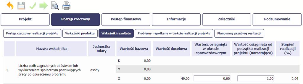 Jeśli realizujesz umowę współfinansowaną z Europejskiego Funduszu Społecznego, system przedstawi Ci tabelę z podziałem na płeć, gdzie K oznacza kobiety, M oznacza mężczyzn oraz O oznacza ogółem