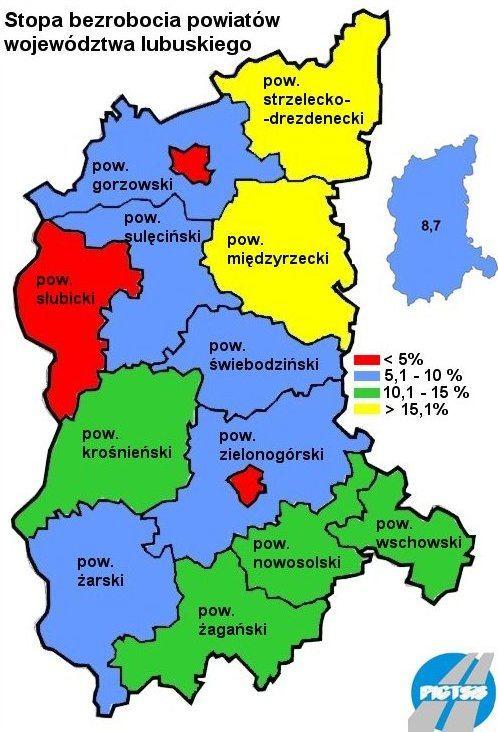 Dziennik Urzędowy Województwa Lubuskiego 22 Poz. 453 Mapa 3. Stopa bezrobocia w województwie lubuskim Źródło: Dane GUS na 31.XII.2015 r.