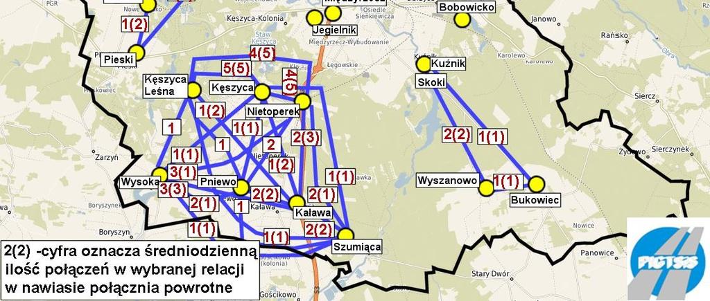 Kalsko 558 558 2 0 0 2 Kuligowo 186 186 1 0 0 1 Razem 31 549 31 549 100 100 Tabela 14. Ilość połączeń komunikacyjnych wewnątrzgminnych (linie gminne) zw.
