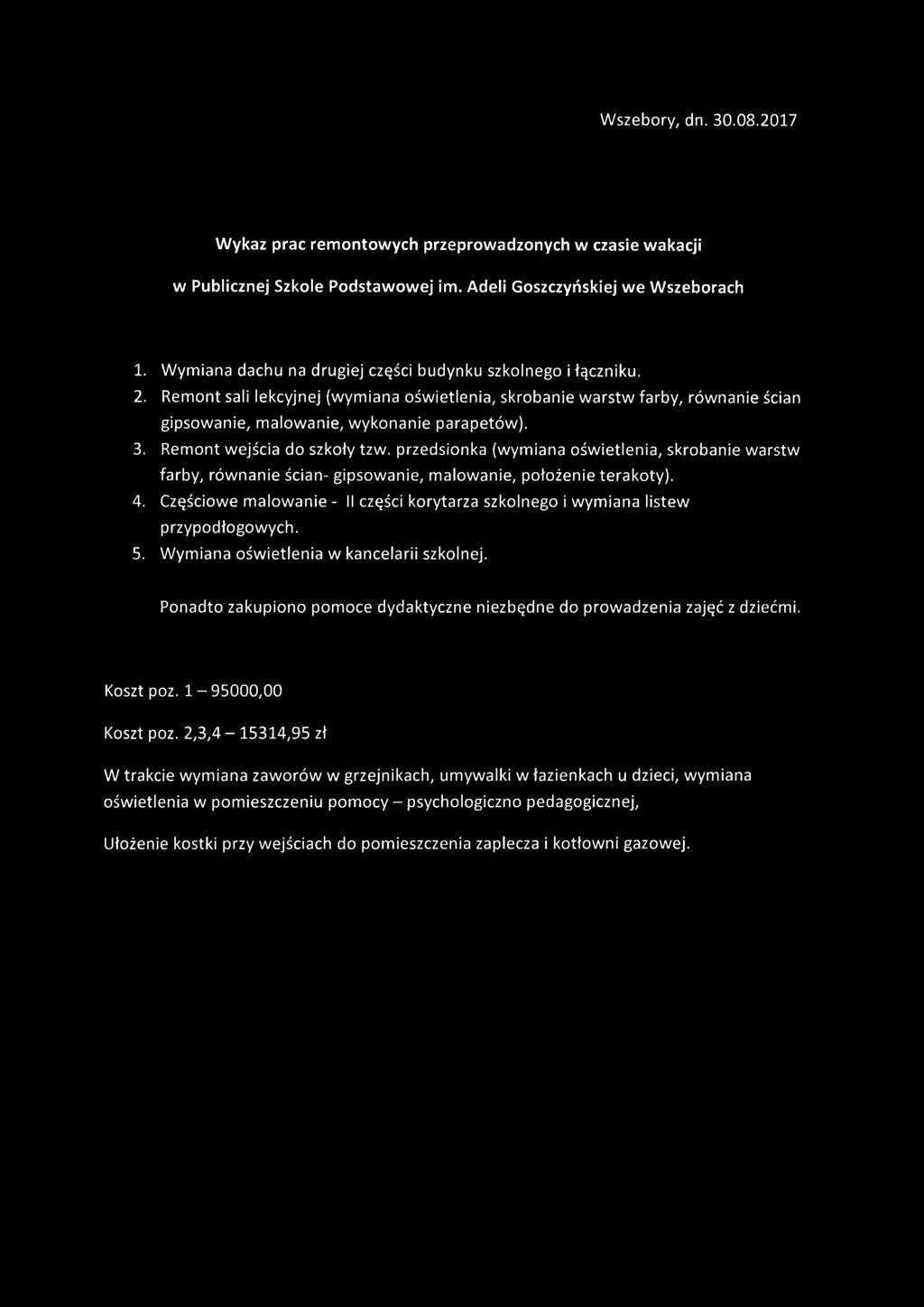 Remont wejścia do szkoły tzw. przedsionka (wymiana oświetlenia, skrobanie warstw farby, równanie ścian- gipsowanie, malowanie, położenie terakoty). 4.