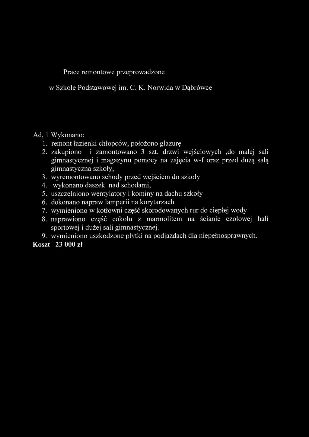 w ykonano daszek nad schodam i, 5. uszczelniono w entylatory i kom iny na dachu szkoły 6. dokonano napraw lam perii na korytarzach 7.