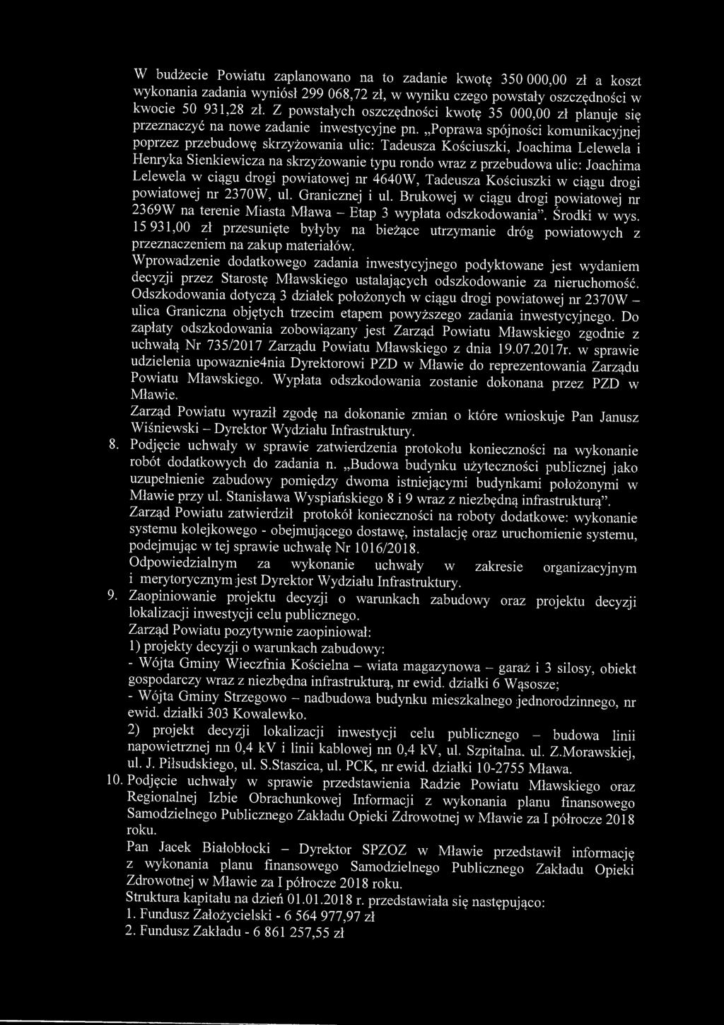 W budżecie Powiatu zaplanowano na to zadanie kwotę 350 000,00 zł a koszt wykonania zadania wyniósł 299 068,72 zł, w wyniku czego powstały oszczędności w kwocie 50 931,28 zł.