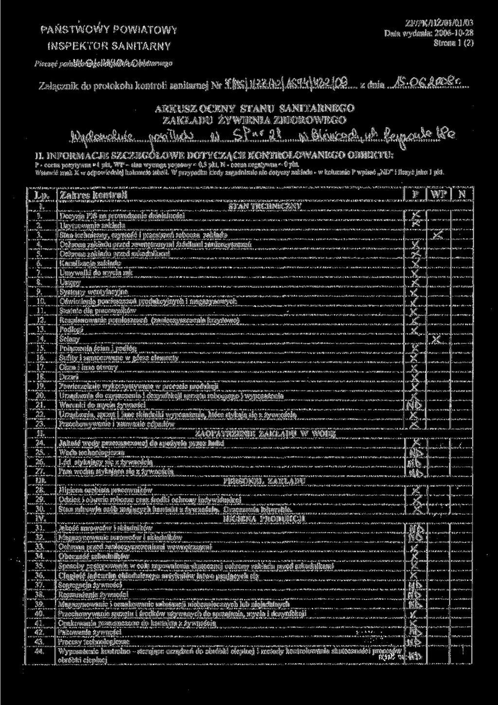 PAŃSTWOWY POWIATÓW* Pieczęć "OR SANITARNY Data Strona l (2) Załącznik do protokołu kontroli sanitarnej Nr... z dnia ARKUSZ OCENY STANU SANITARNEGO ZAKŁADU ŻYWIENIA ZBIOROWEGO.to II.