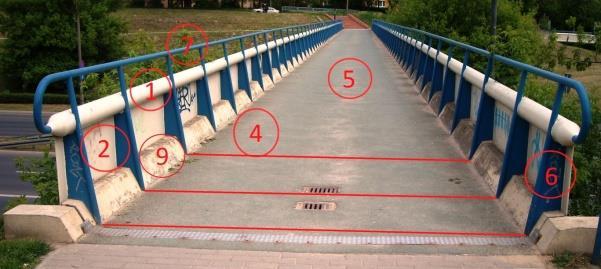 Ø42,4x6,3. Przedłużenie słupków daje podparcie dla poręczy o przekrojuø51x5 (7). Usztywnienia są w rozstawie 1,46 m, oprócz skrajnych, które są w odstępie 1,00 m od podpory.