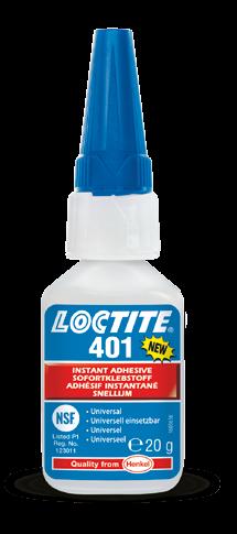 Kleje błyskawiczne LOCTITE 401 Do odtłuszczenia i oczyszczenia powierzchni przed aplikacją kleju zaleca się stosować LOCTITE SF 7063. błyskawicznie łączy wiele różnych substratów.