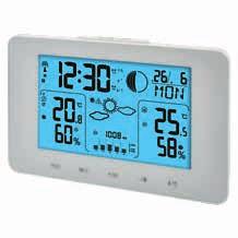 Stacje meteorologiczne E8825 type8825 26 06 157 000 1/ / /16 zegar: DCF (zegar sterowany sygnałem radiowym) wykonanie termometru: bezprzewodowe podświetlenie LED wyświetlacza strefy czasowe data