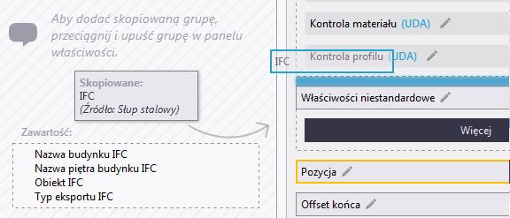 8. Przeciągnij skopiowaną grupę ze środkowej sekcji narzędzia dostosowywania do układu panelu właściwości belki stalowej po prawej stronie.