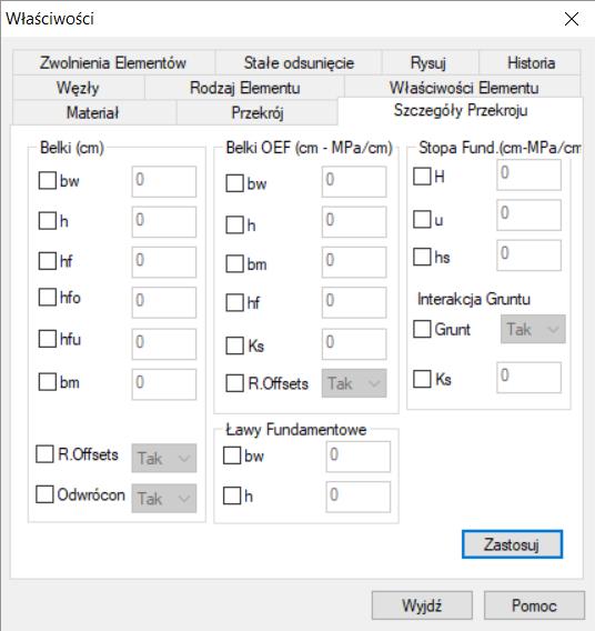 Szczegóły przekroju: W zakładce tej można modyfikować następujące parametry: Wybranych belek. Wybranych belek OEF (on elastic foundation). Wybranych stóp.