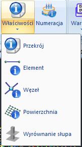 1.4. Modyfikacja Grupa komend Modyfikacja jest wykorzystywana, aby sprawdzić i zmienić właściwości fizycznego lub matematycznego modelu następujących elementów: Przekrój Element Węzeł Powierzchnia