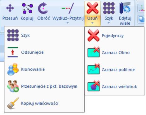 1.2. Edycja Zakładka Edycja zawiera następujące polecenia: Przesuń Kopiuj Obróć Wydłuż-skróć Usuń Przesuń z elementami dochodzącymi Malarz właściwości Przesuń: Polecenie to pozwala na przesunięcie