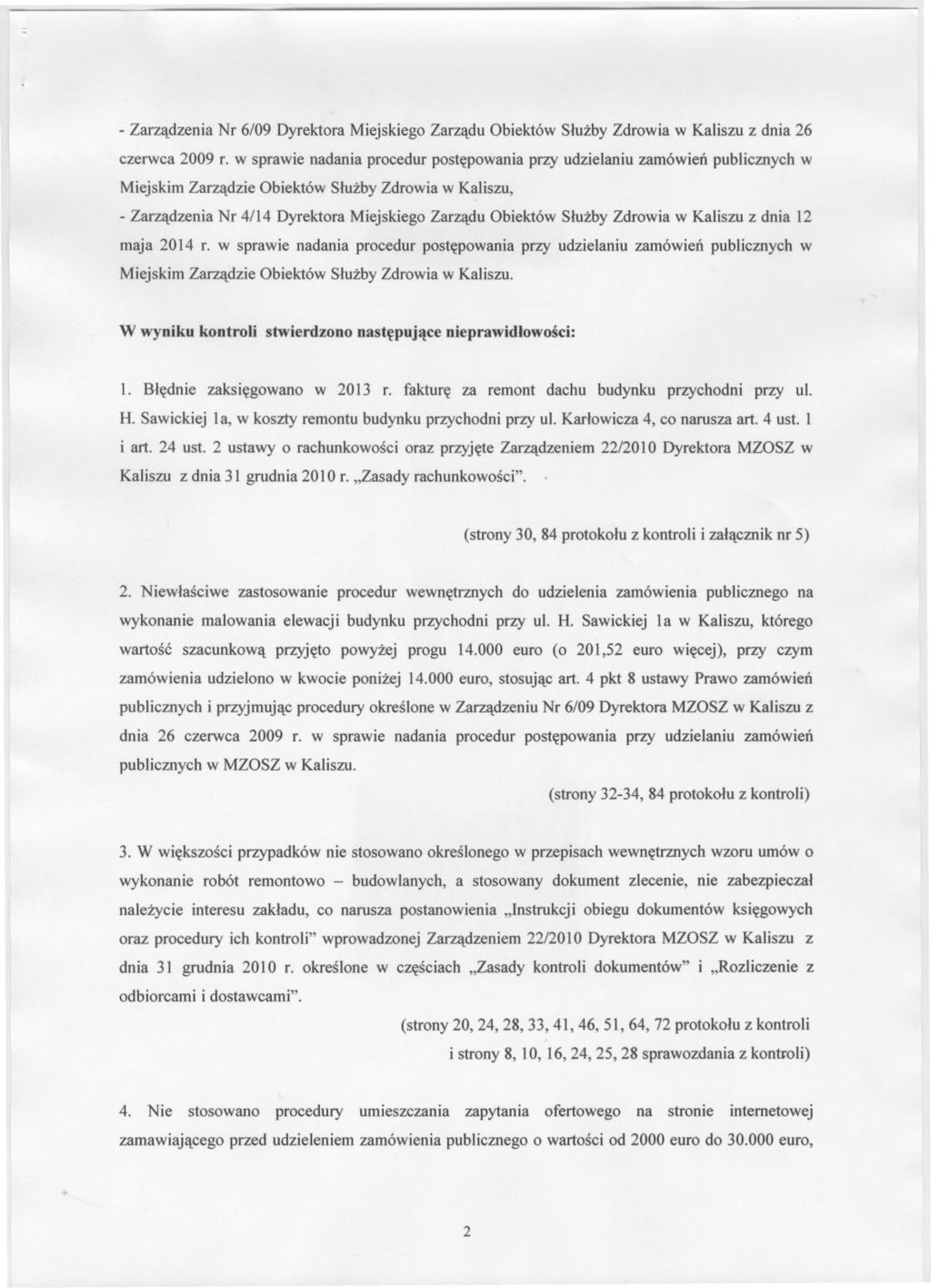 - Zarzadzenia Nr 6/09 Dyrektora Miejskiego Zarzadu Obiektów Sluzby Zdrowia w Kaliszu z dnia 26 czerwca 2009 r.