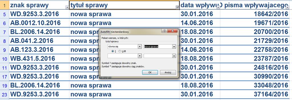 Weryfikacja tytułów spraw filtrujemy dane tylko automatyczny element tylko automatyczny element