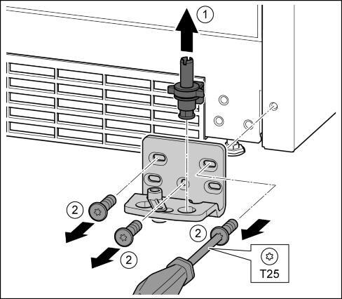 Fig. 10 (2) u Zazębić osłonę. Fig. 10 (3) u Śrubę założyć przy pomocy śrubokręta T25. Fig. 10 (4) u Założyć górną płytkę zawiasu. Fig. 10 (5) w Czopy znajdują się w odpowiednich otworach na śruby.