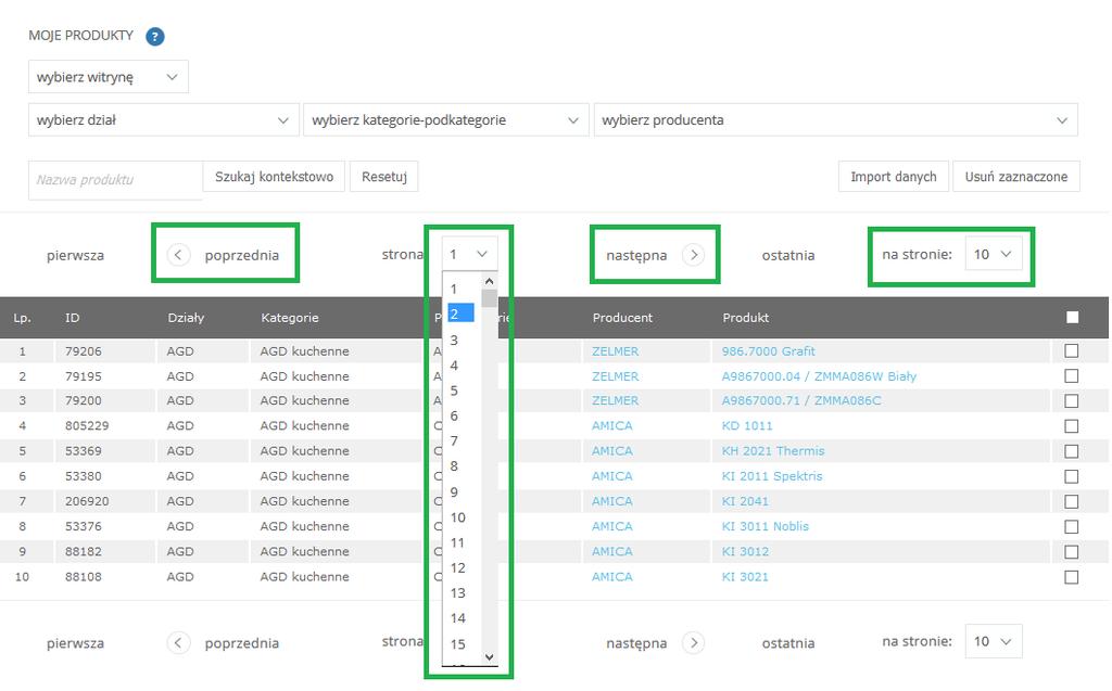 W prawym górnym rogu listy produktów, obok listy wyboru numeru strony, użytkownik ma możliwość określenia ilości produktów wyświetlanych na liście produktów. 7.