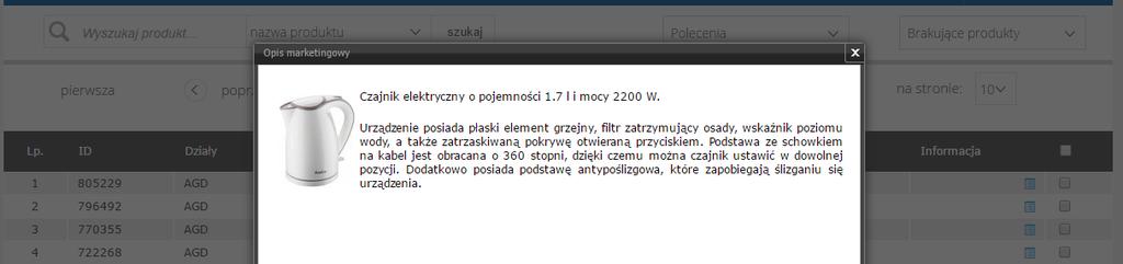 2. W okno Nazwa produktu wpisać nazwę wyszukiwanego produktu. 3. Zatwierdzić wybór przyciskiem Szukaj kontekstowo. 4. Aby cofnąć wyszukiwanie należy wybrać przycisk Resetuj.