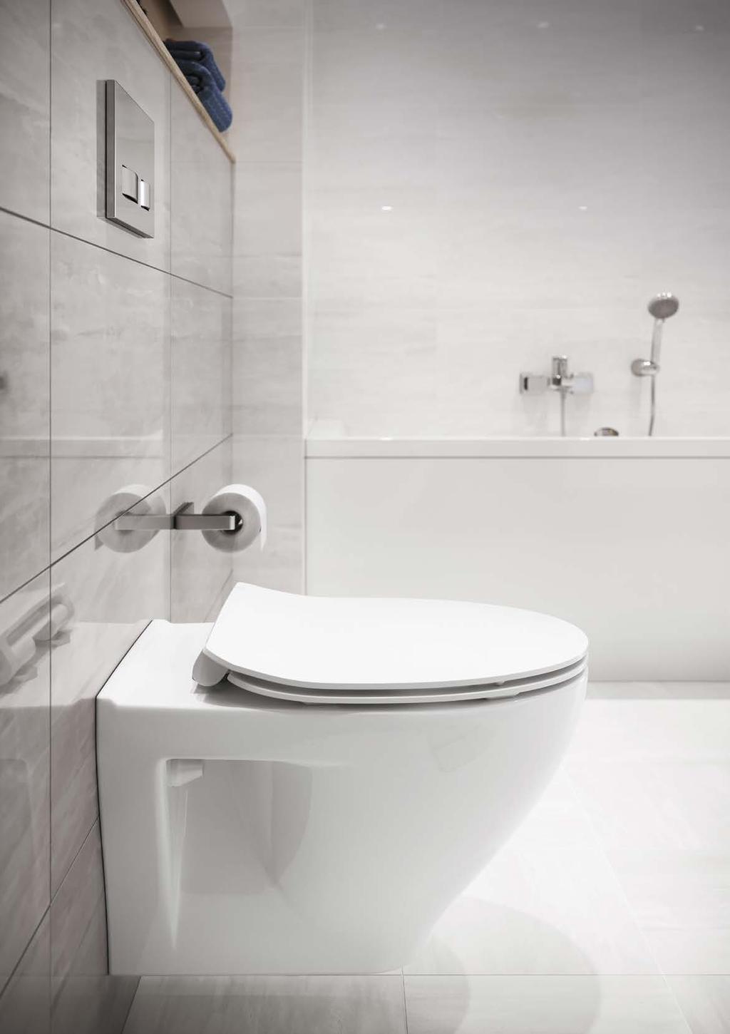 YEARS TECHNOLOGIA BEZKOŁNIERZOWA NO RIM TECHNOLOGY 10 LAT GWARANCJI NA CERAMIKĘ 10 YEARS WARRANTY ON CERAMICS DESKA WOLNOOPADAJĄCA SOFT CLOSING SEAT TOALETY MODUO MODUO TOILETS Produkty toaletowe