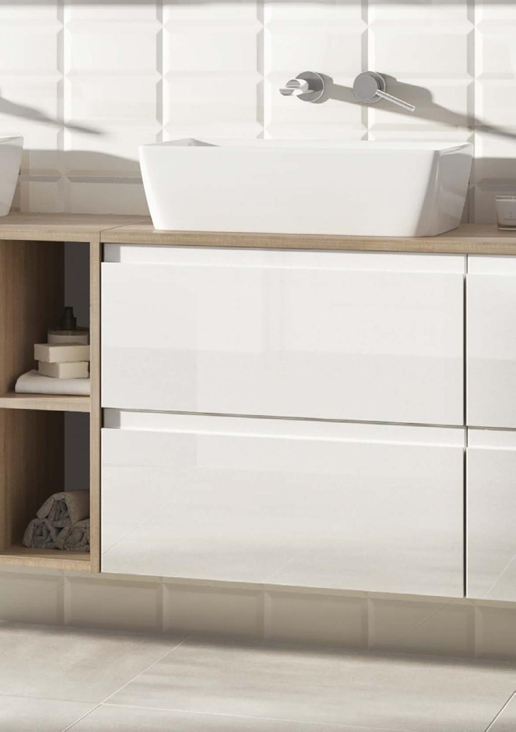 MEBLE I UMYWALKI MODUO MODUO FURNITURE AND WASHBASINS Najważniejszą cechą kolekcji jest jej modułowość.