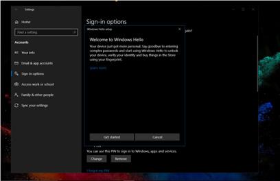 Po jego dodaniu opcja funkcji Hello zostanie odblokowana. d. Można teraz sprawdzić opcje konfiguracji dostępne dla funkcji Windows Hello.