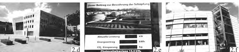 Niemcy - Fryburg Bryzgowijski: a) Solarsiedlung am Schlierberg, b) Heliotrop, c) Biblioteka Uniwersytecka, d), e) Maria-von-Rudolff-Platz: Kościół Dwóch Wyznań oraz widok ww.