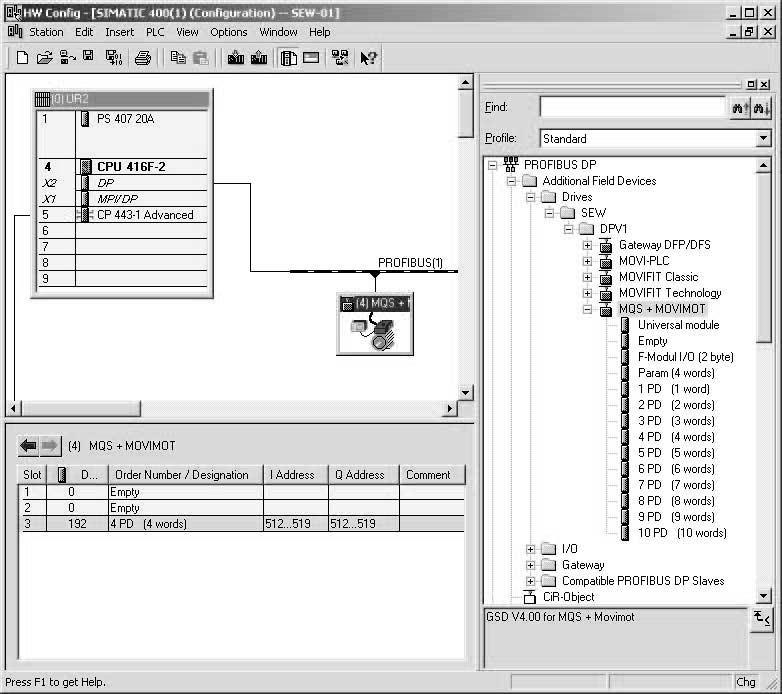 Uruchomienie z PROFIBUS (MQS) Projektowanie MQS na PROFIBUS DP z STEP7 I 0 9 Konfiguracja MQS w konfiguracji HW W programie HW-Konfig przeciągnąć wpis "MQS + MOVIMOT" na odwzorowanie kabla magistrali