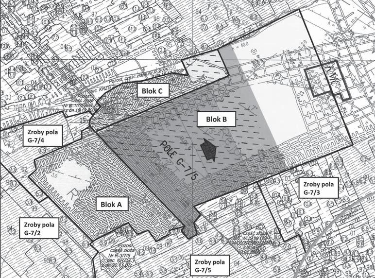 Rys. 1. Lokalizacja bloków eksploatacyjnych w polu G 7/5 [1] od 6,0 13,0 m w bloku B i od 5,0 14,0 m w bloku C. Strop wyrobisk w polu G 7/5 stanowi dolomity wapniste, skrytokrystaliczne.