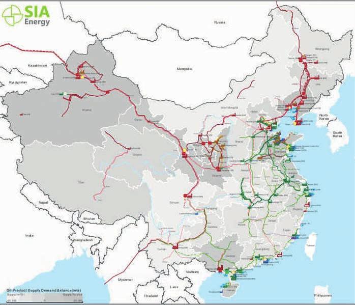 Infrastruktura rurociągowa w Chinach Pomimo wydobycia w 2013 roku 572,7 tys.