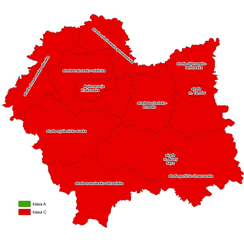 9 Mapa. Klasyfikacja stref dla pyłu PM10 i benzo/a/pirenu kryterium ochrona zdrowia w 2009 roku w województwie małopolskim 1.3. Ocena wstępna zanieczyszczenia powietrza pyłem PM 2.