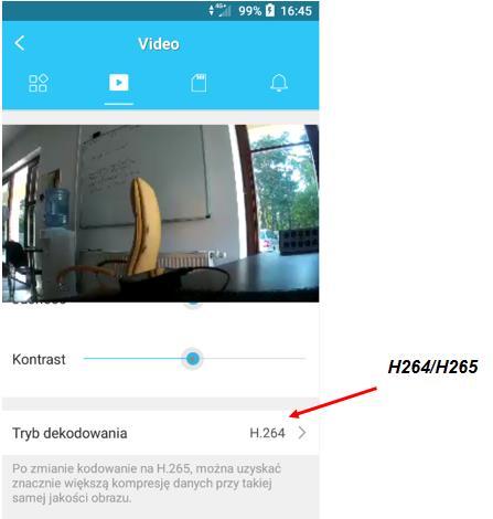ZMIANA TRYBU KODOWANIA U ustawieniach kamery mamy do wybory dwie metody kompresji wideo H264 i H265.