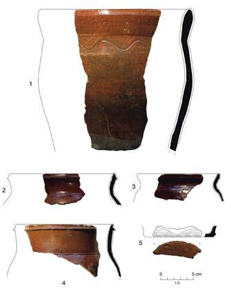 174 M. Wojenka, B. Miękina, J. Nowak, K. Wertz, J. Wilczyński Ryc. 7. Ceramika późnonowożytna. 1-5 fragmenty naczyń z XIX początków XX wieku. Rys. i fot. M. Wojenka Fig. 7. Late modern pottery.