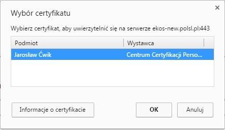Przed zalogowaniem się do modułu EKOS certyfikat personalny musi być zainstalowany. http://www.polsl.pl/jednostki/rjp2/faq/strony/faq-certyfikaty_osob.aspx 2.